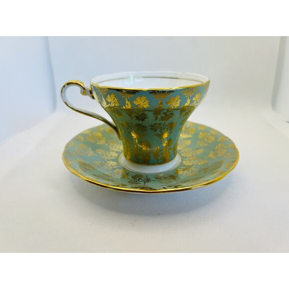 Aynsley Bone China Corset Tea cup & Saucer Green Gold Filigree Baroque Design - Picture 5 of 10